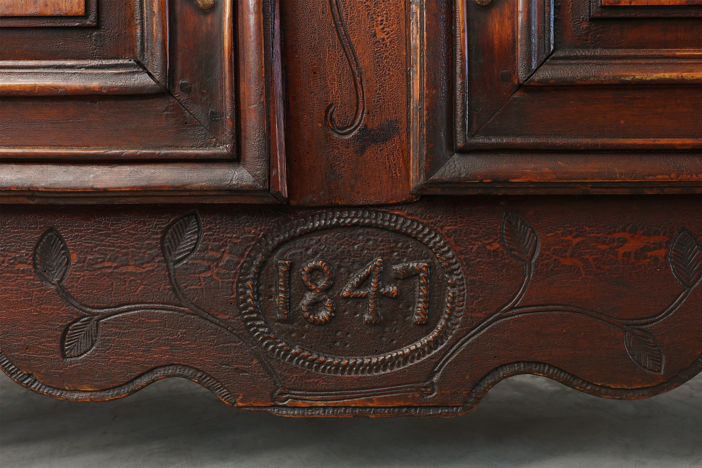 Rare French provincial carved cabinet or buffet with great patina, dated 1841thumbnail
